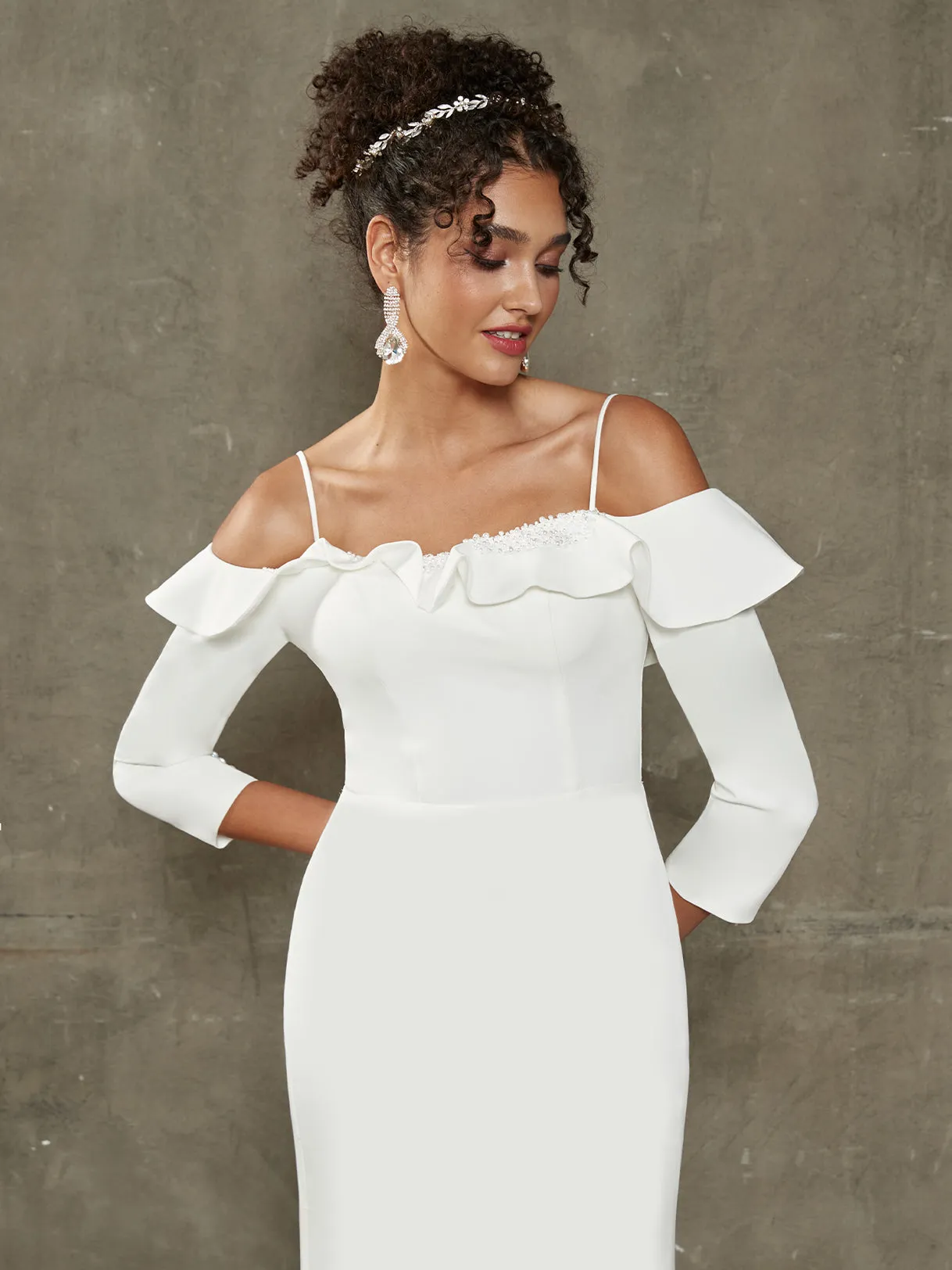 Double FDY Ruffled Off Shoulder Sleeve Mermaid Wedding Dress With Train