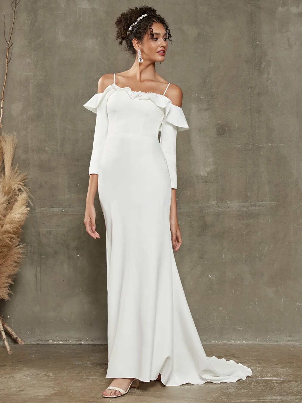Double FDY Ruffled Off Shoulder Sleeve Mermaid Wedding Dress With Train