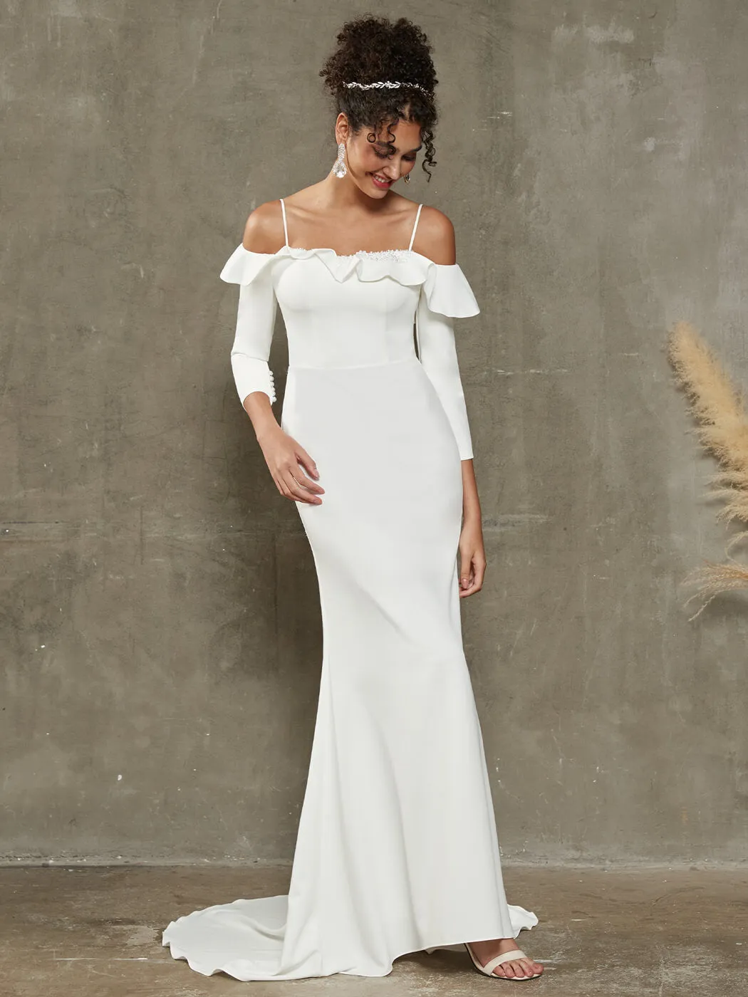 Double FDY Ruffled Off Shoulder Sleeve Mermaid Wedding Dress With Train