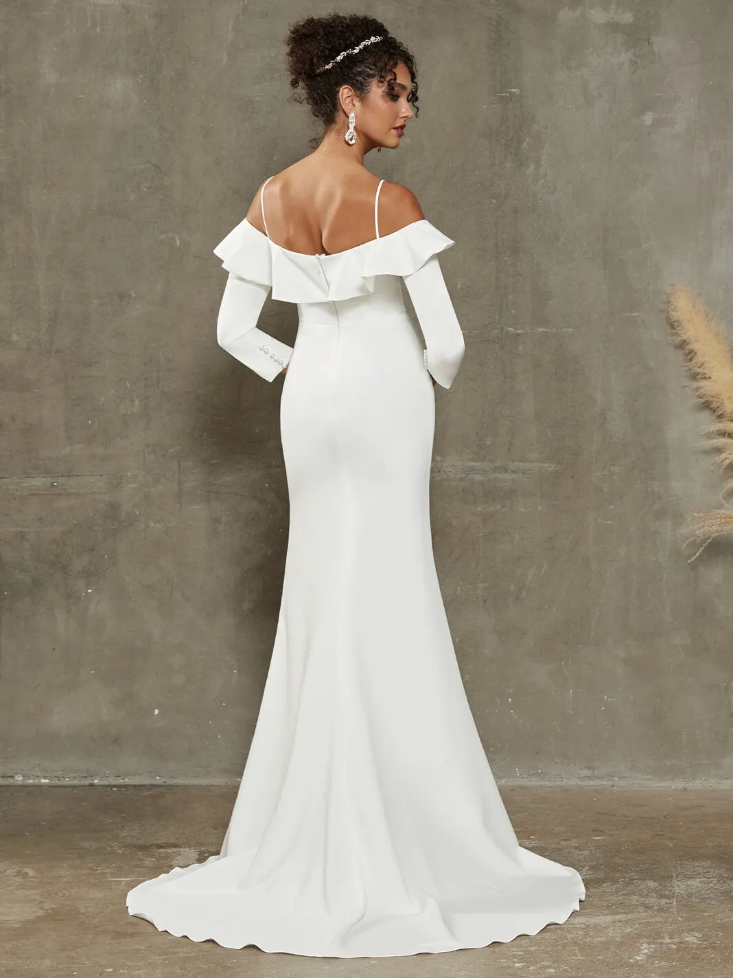 Double FDY Ruffled Off Shoulder Sleeve Mermaid Wedding Dress With Train