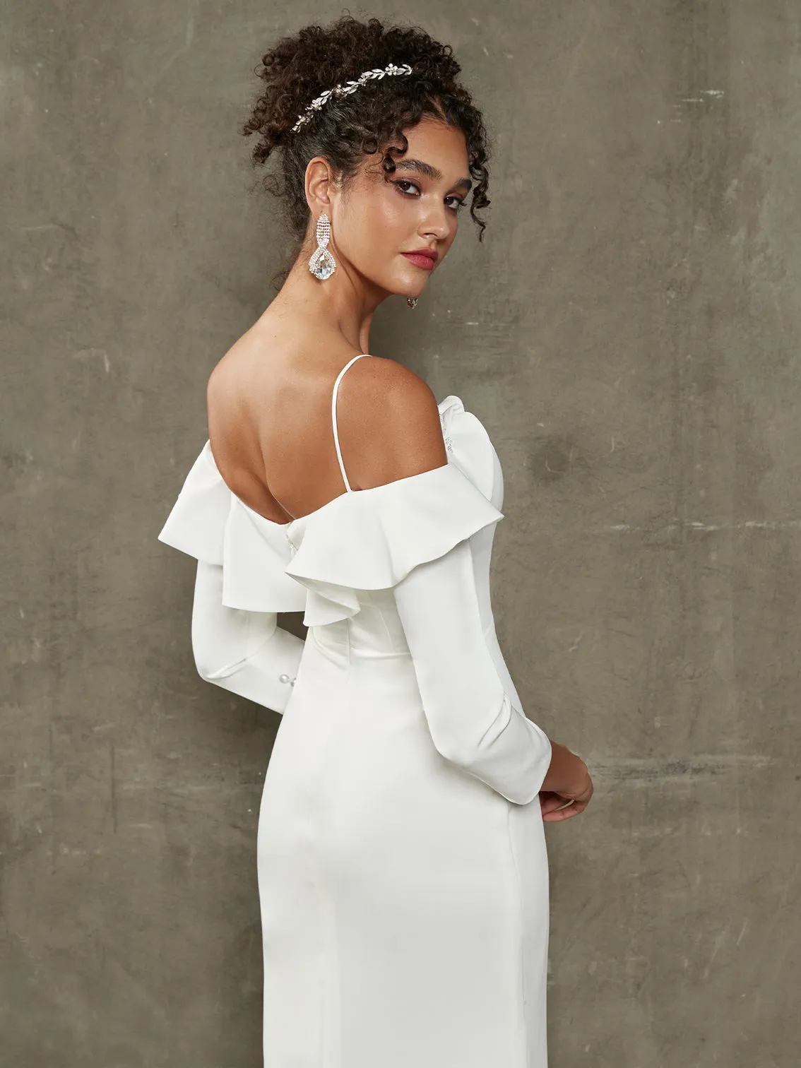 Double FDY Ruffled Off Shoulder Sleeve Mermaid Wedding Dress With Train