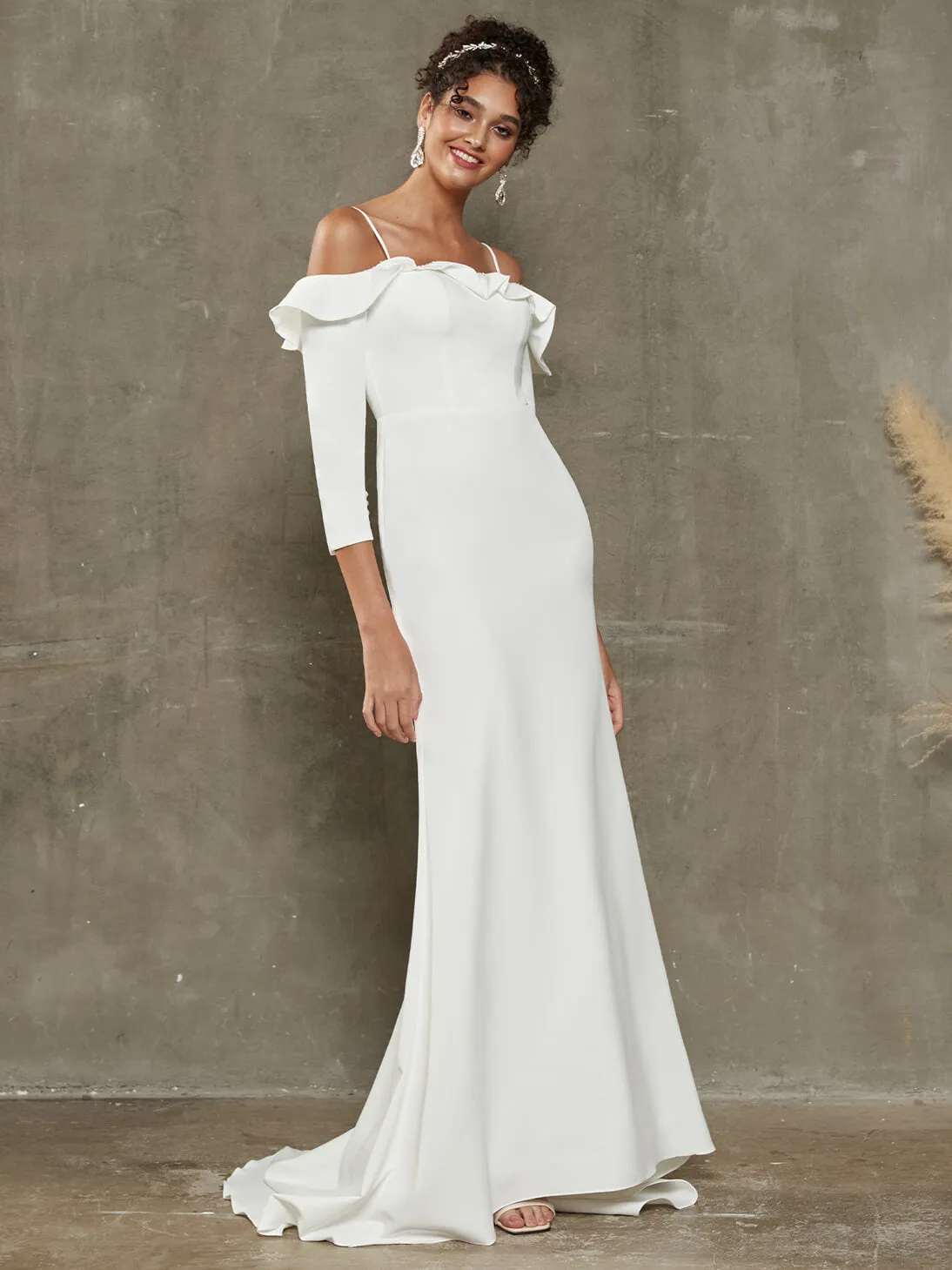 Double FDY Ruffled Off Shoulder Sleeve Mermaid Wedding Dress With Train