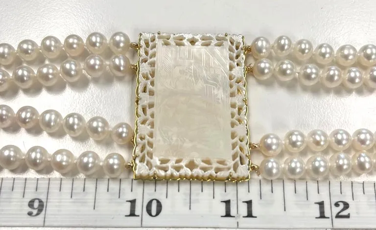 Double Strand 6mm Pearl, Mother of Pearl Gaming Counter, Yellow Gold Necklace