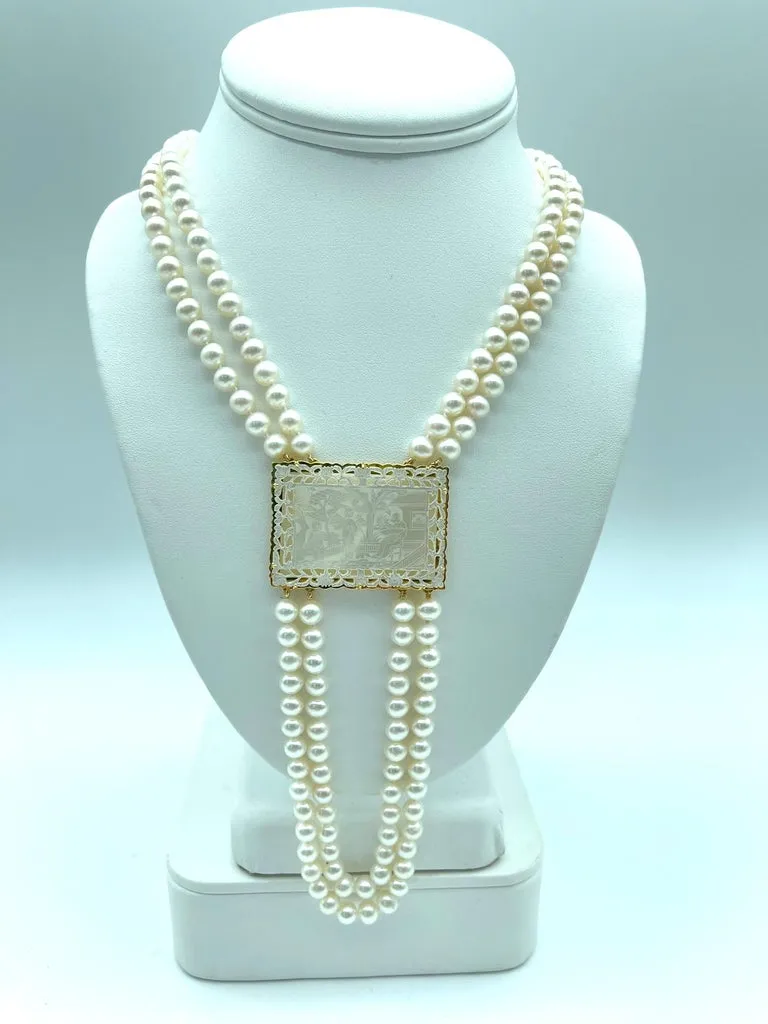 Double Strand 6mm Pearl, Mother of Pearl Gaming Counter, Yellow Gold Necklace