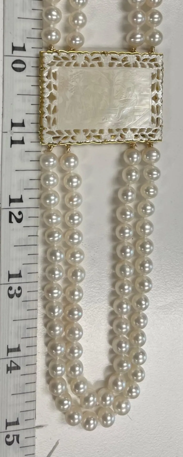 Double Strand 6mm Pearl, Mother of Pearl Gaming Counter, Yellow Gold Necklace