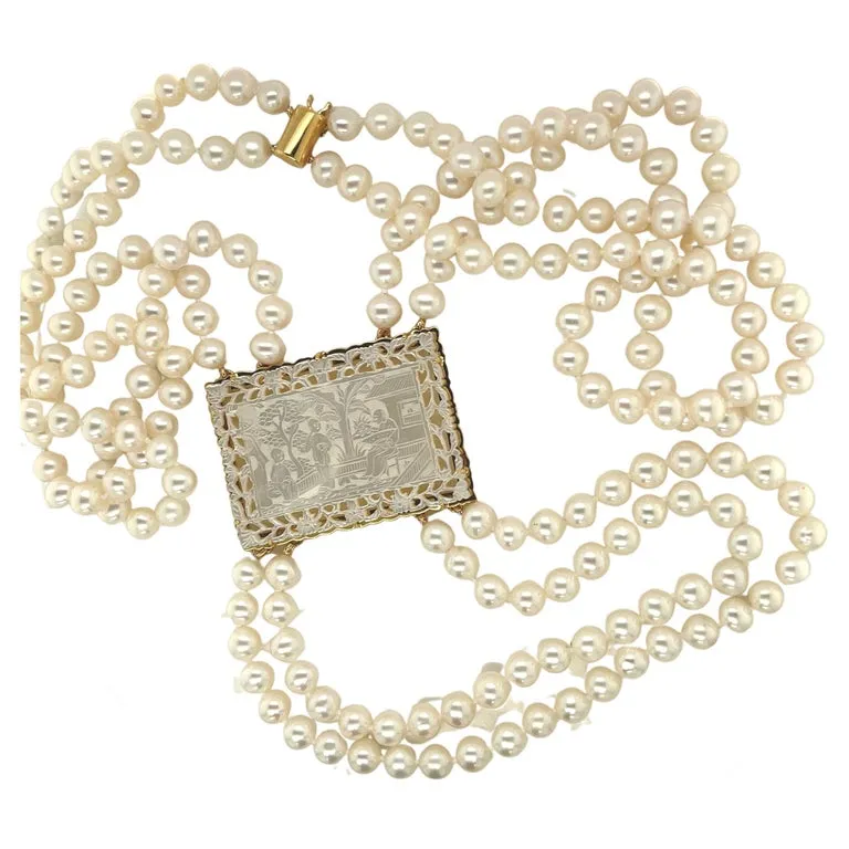 Double Strand 6mm Pearl, Mother of Pearl Gaming Counter, Yellow Gold Necklace