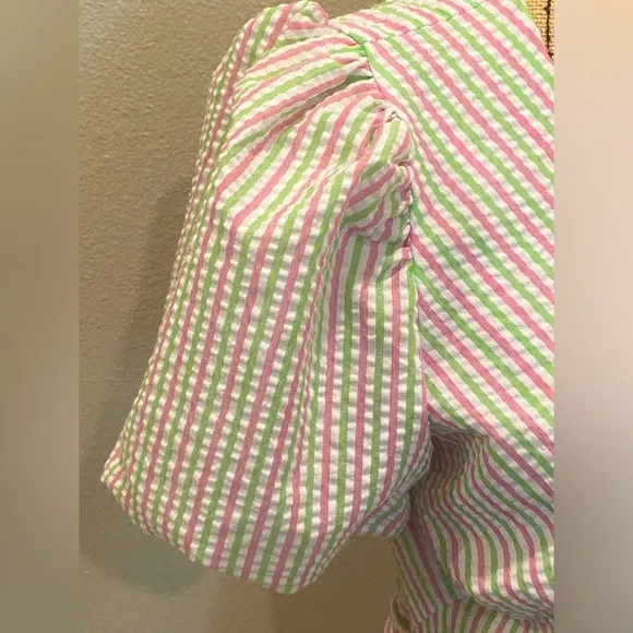 Draper James RSVP Puff Sleeve Wrap Ruffled Pink Green Seersucker M NWT