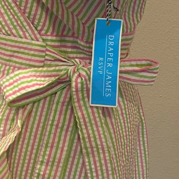 Draper James RSVP Puff Sleeve Wrap Ruffled Pink Green Seersucker M NWT