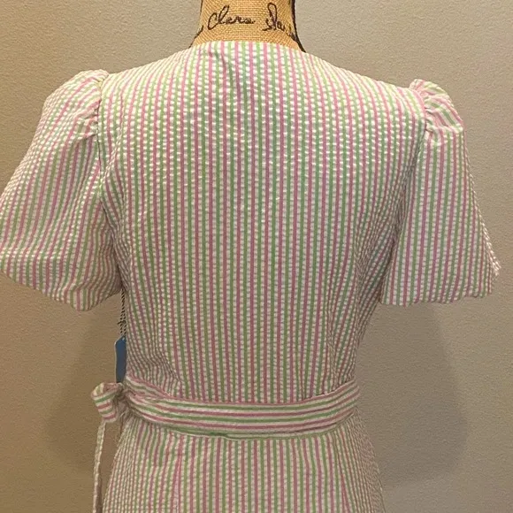Draper James RSVP Puff Sleeve Wrap Ruffled Pink Green Seersucker M NWT