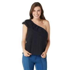 Du Jour Women's One Shoulder Eyelet Top With Flounce