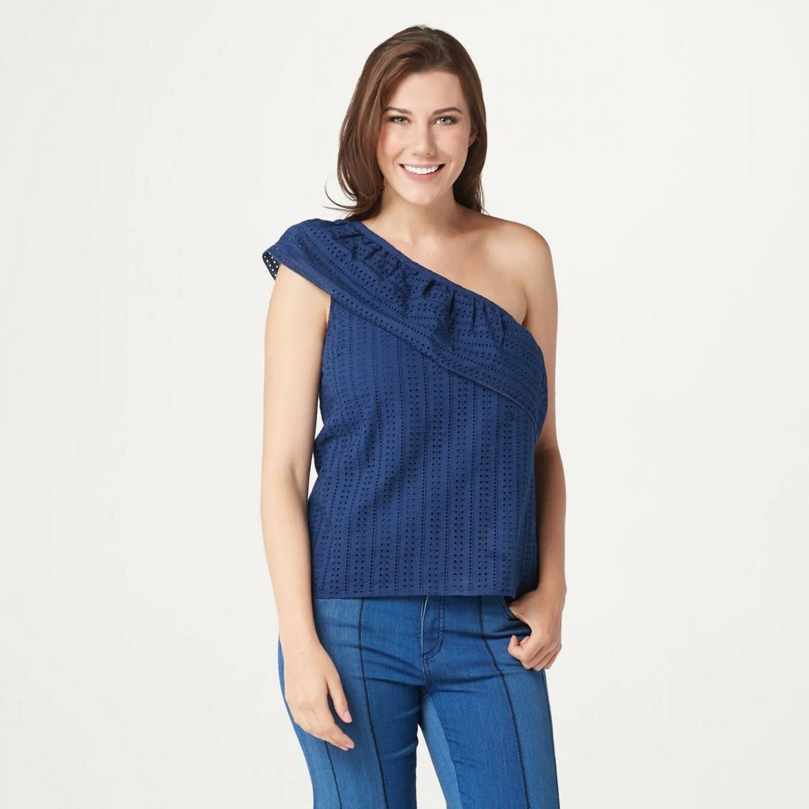 Du Jour Women's One Shoulder Eyelet Top With Flounce