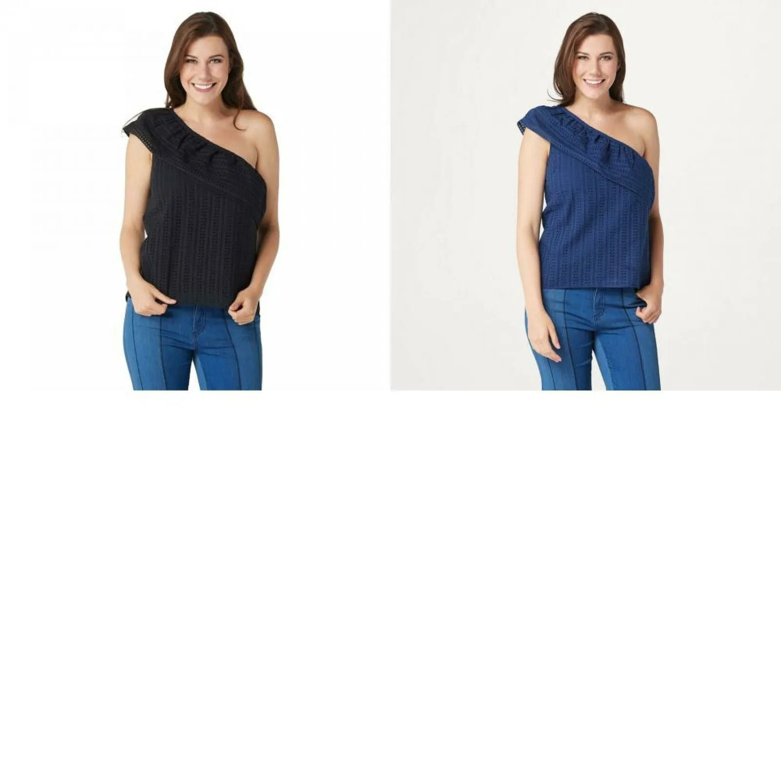 Du Jour Women's One Shoulder Eyelet Top With Flounce