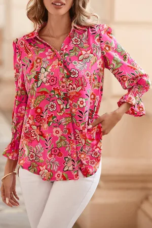 Eliana Strawberry Pink Floral Print Smocked Cuff Puff Sleeve Shirt