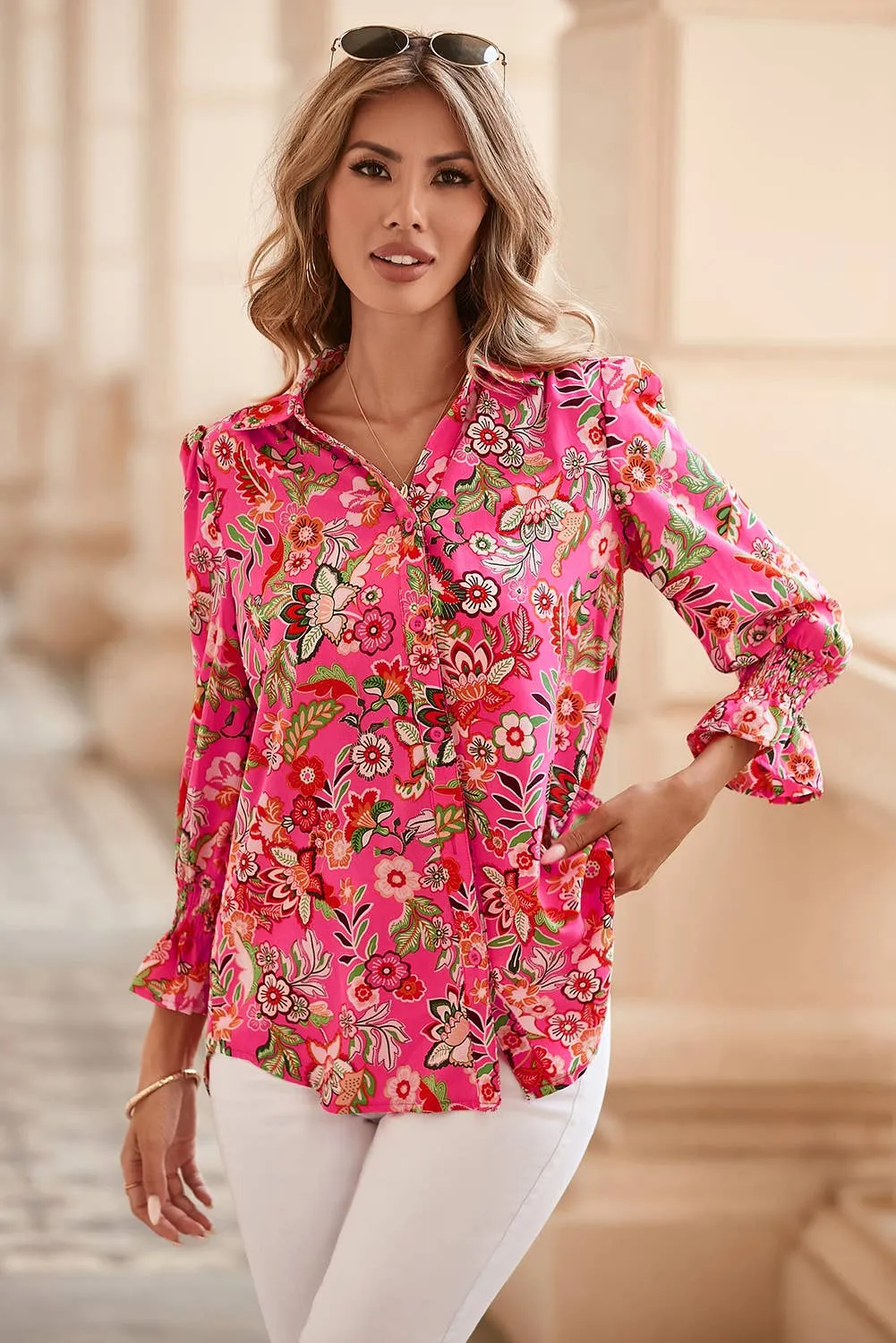 Eliana Strawberry Pink Floral Print Smocked Cuff Puff Sleeve Shirt