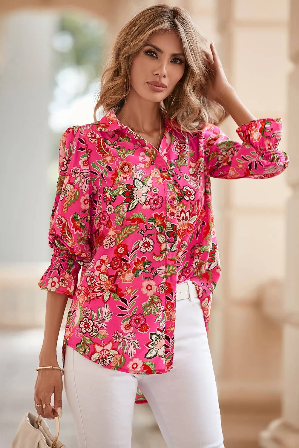 Eliana Strawberry Pink Floral Print Smocked Cuff Puff Sleeve Shirt
