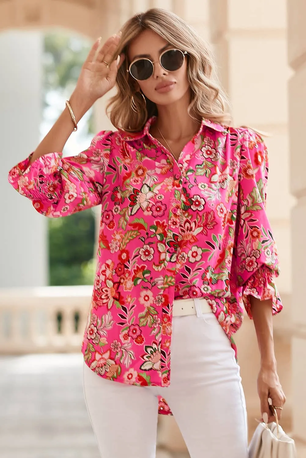 Eliana Strawberry Pink Floral Print Smocked Cuff Puff Sleeve Shirt