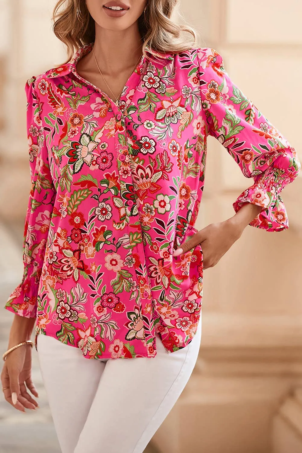 Eliana Strawberry Pink Floral Print Smocked Cuff Puff Sleeve Shirt