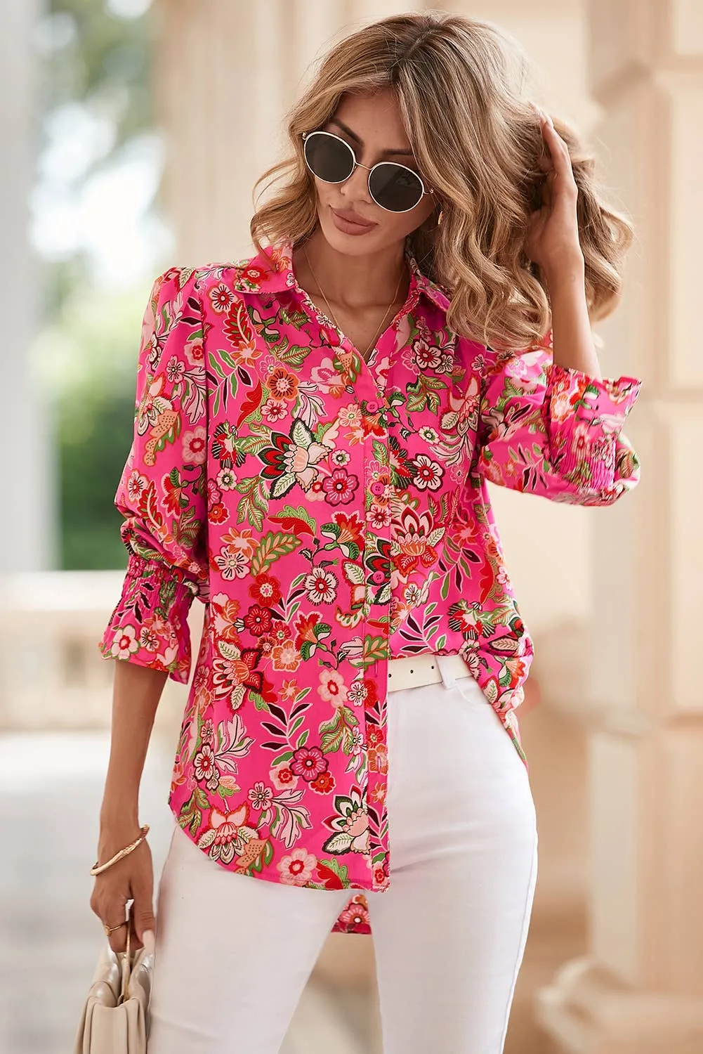Eliana Strawberry Pink Floral Print Smocked Cuff Puff Sleeve Shirt