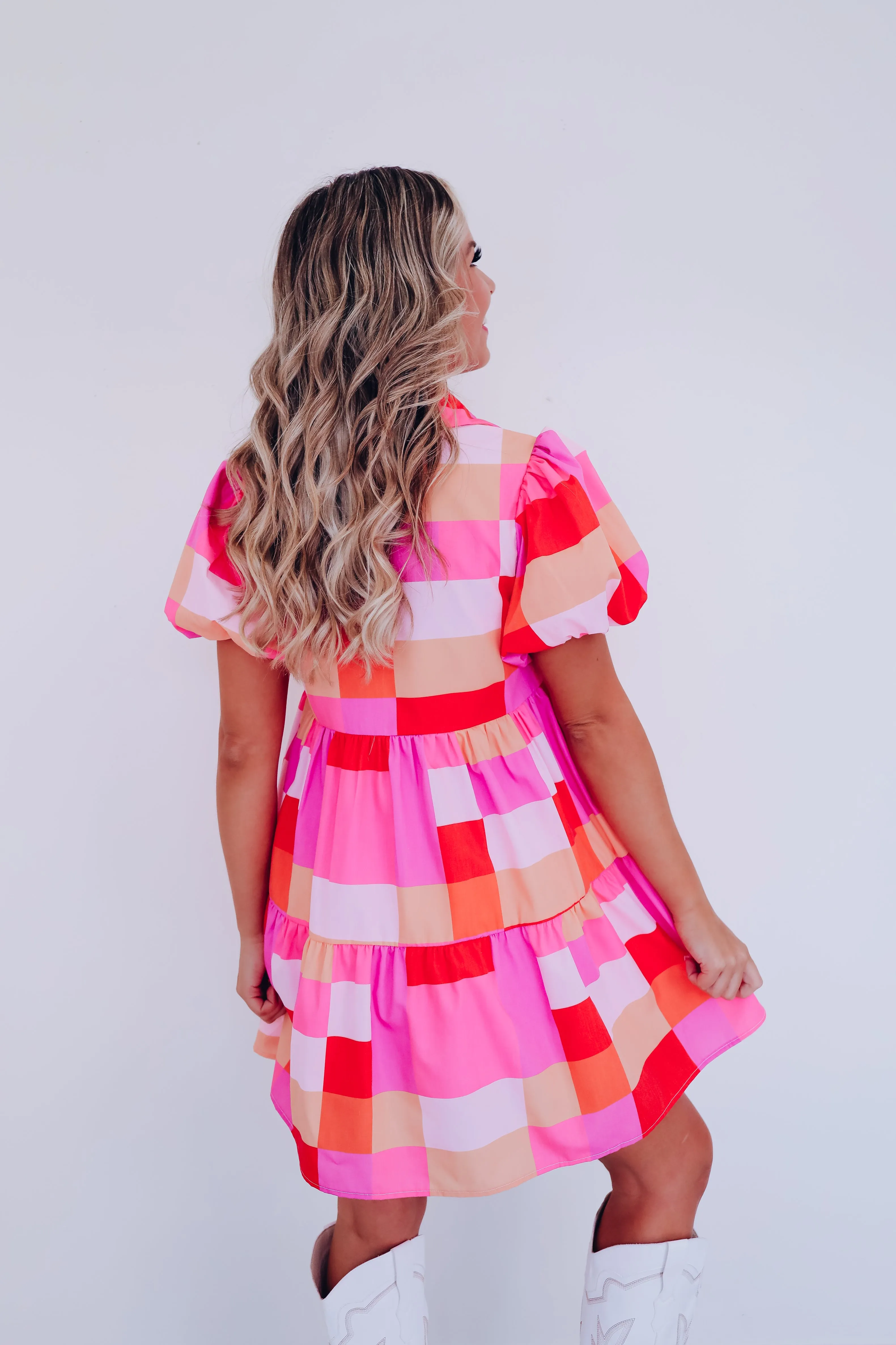 Festive Plaid Babydoll Dress - Pink/Multi