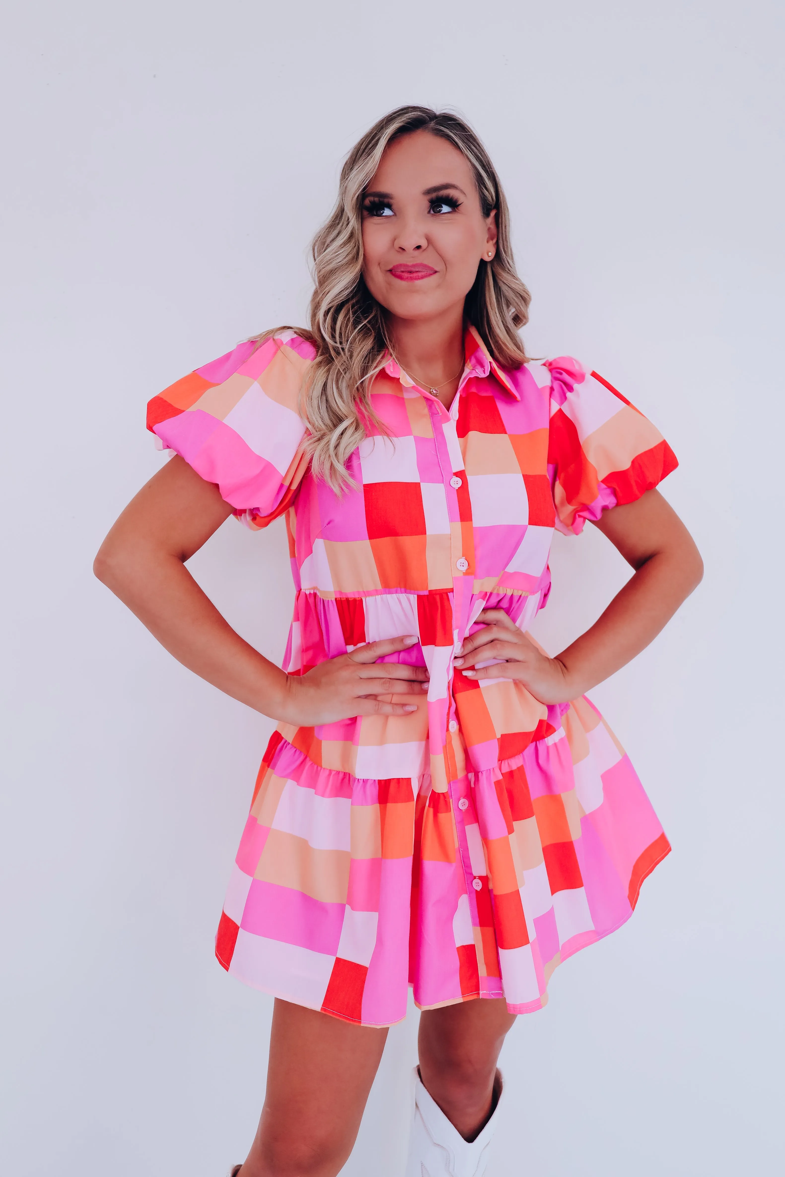 Festive Plaid Babydoll Dress - Pink/Multi