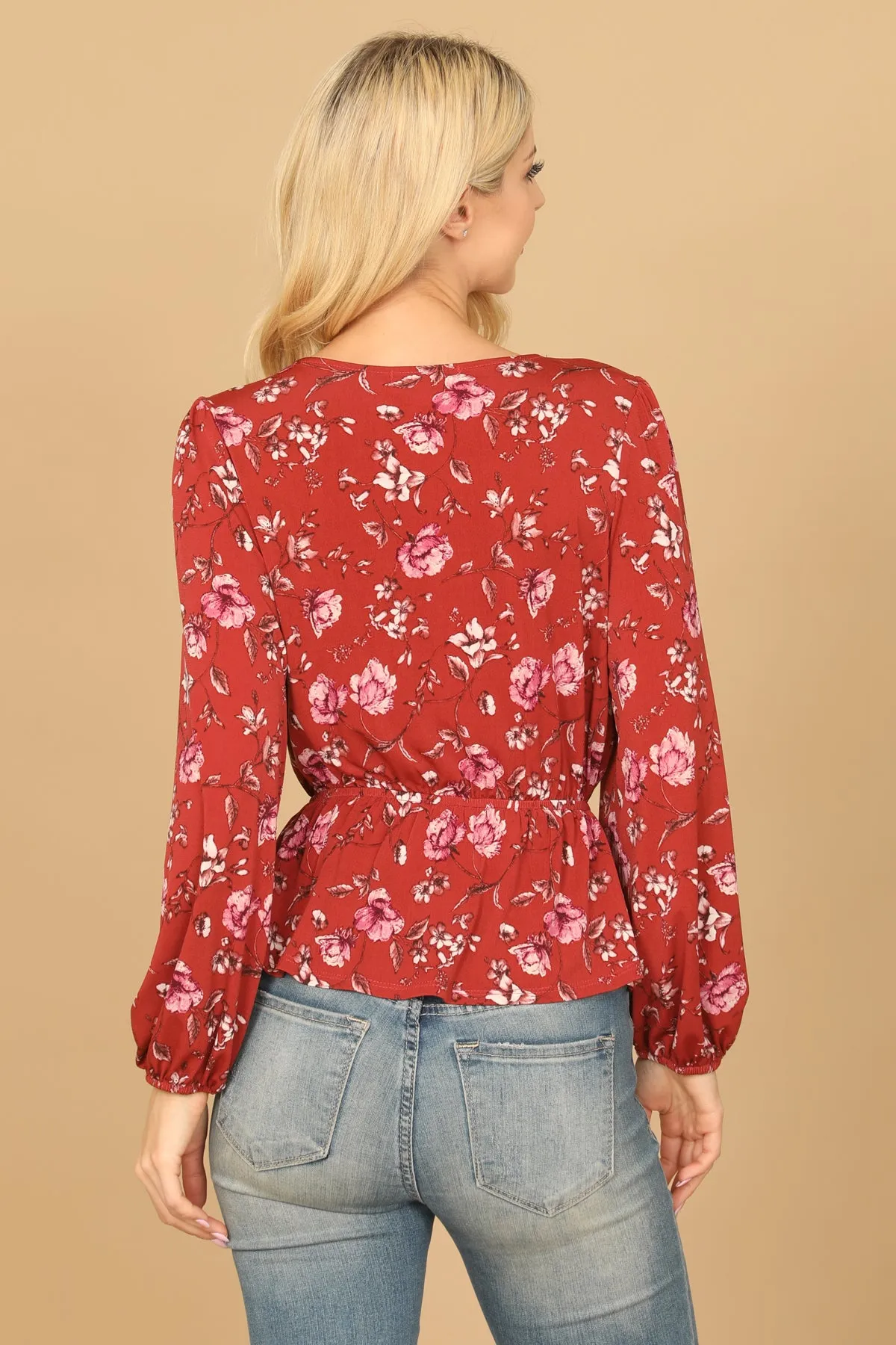 FLORAL LONG SLEEVE WRAP WAIST TIE TOP