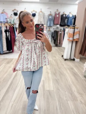 Floral Puff Sleeve Pink Blouse