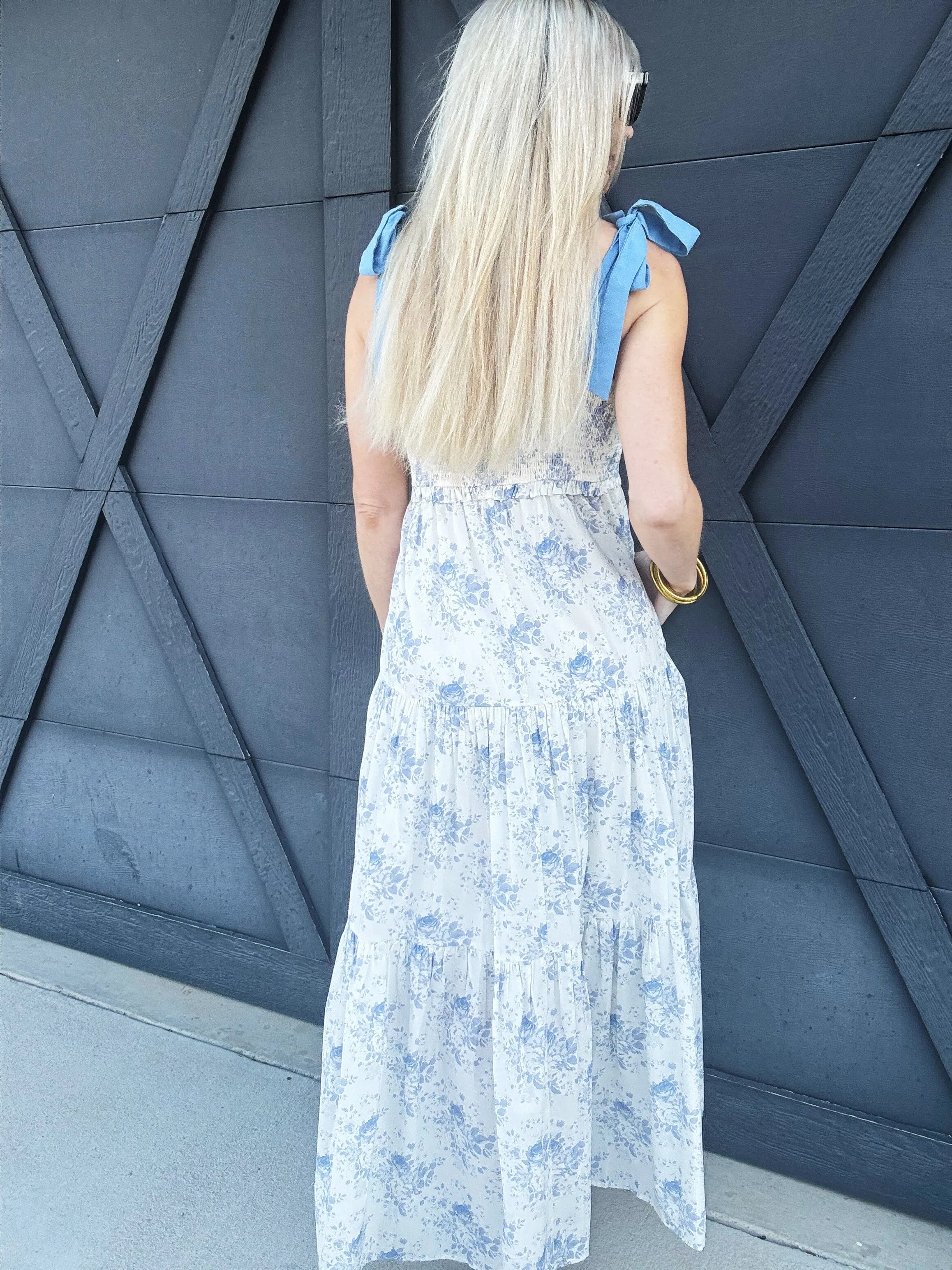 Floral Shoulder Tie Maxi In Blue