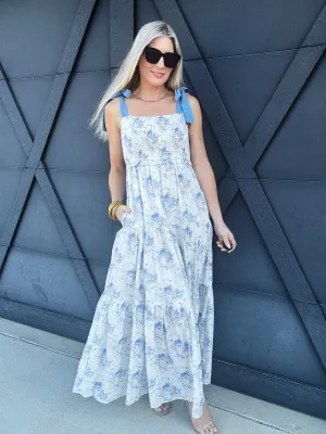 Floral Shoulder Tie Maxi In Blue