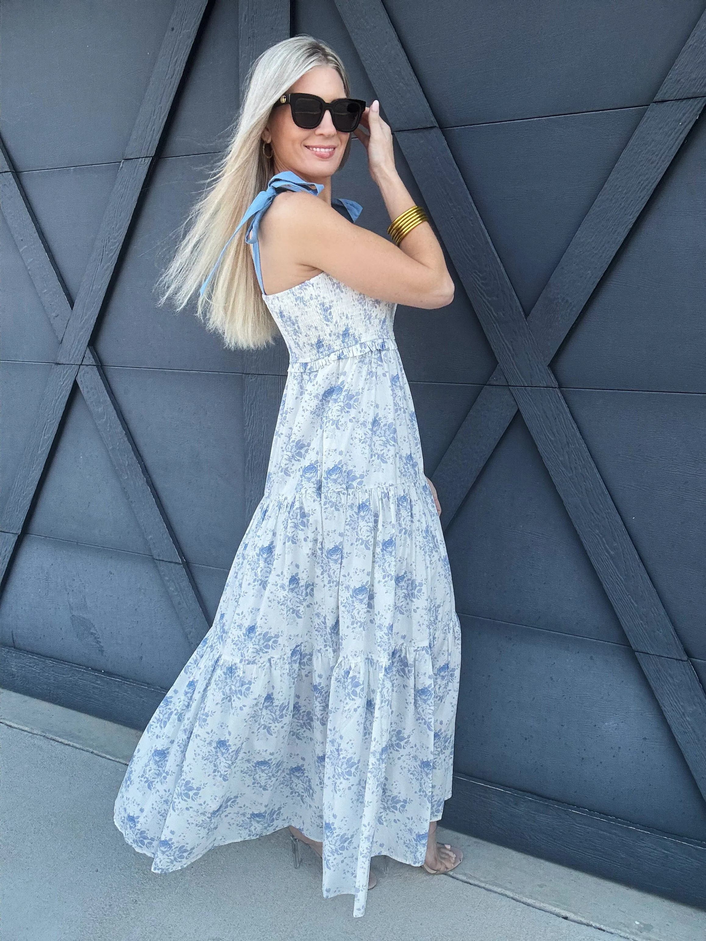 Floral Shoulder Tie Maxi In Blue