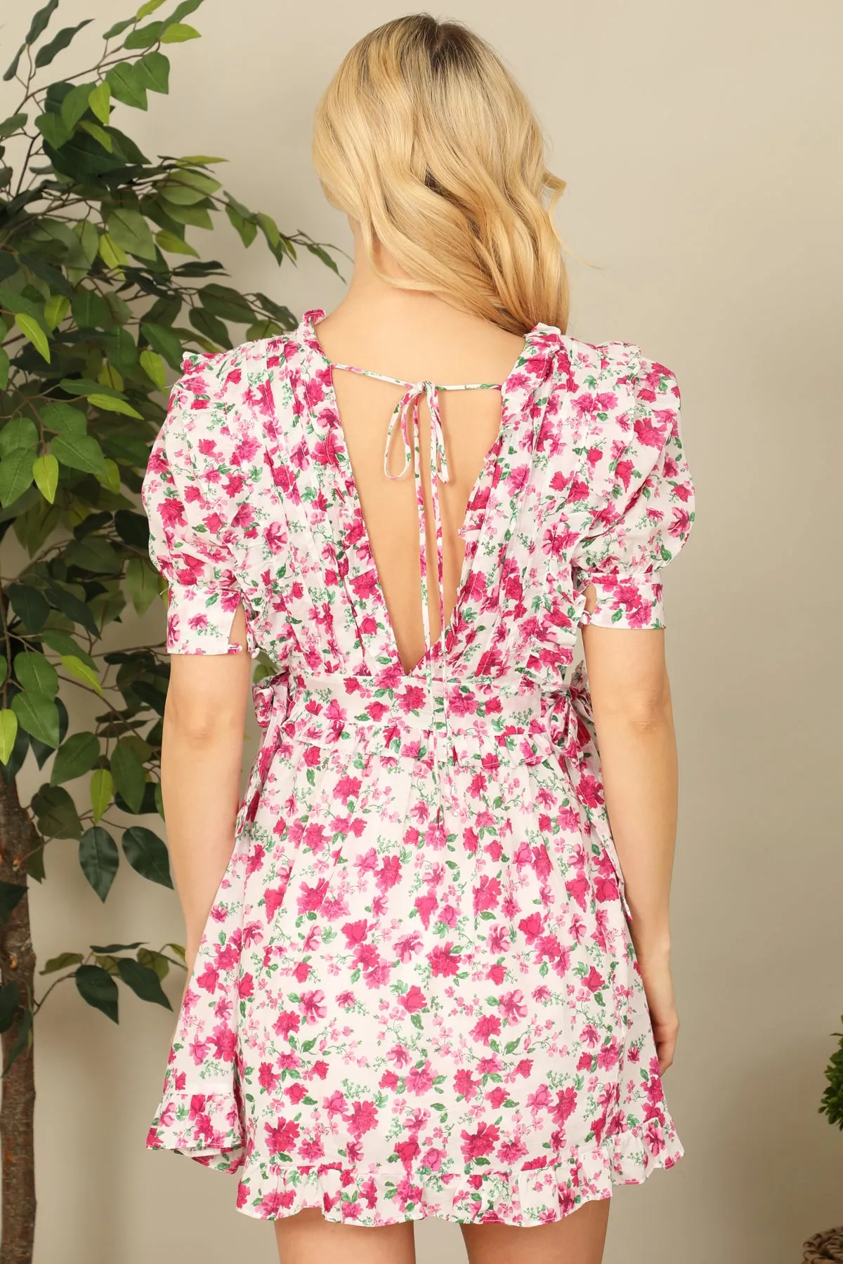 Floral Smocked Puff Sleeve Ruffle Detail Back-Tie Mini Dress