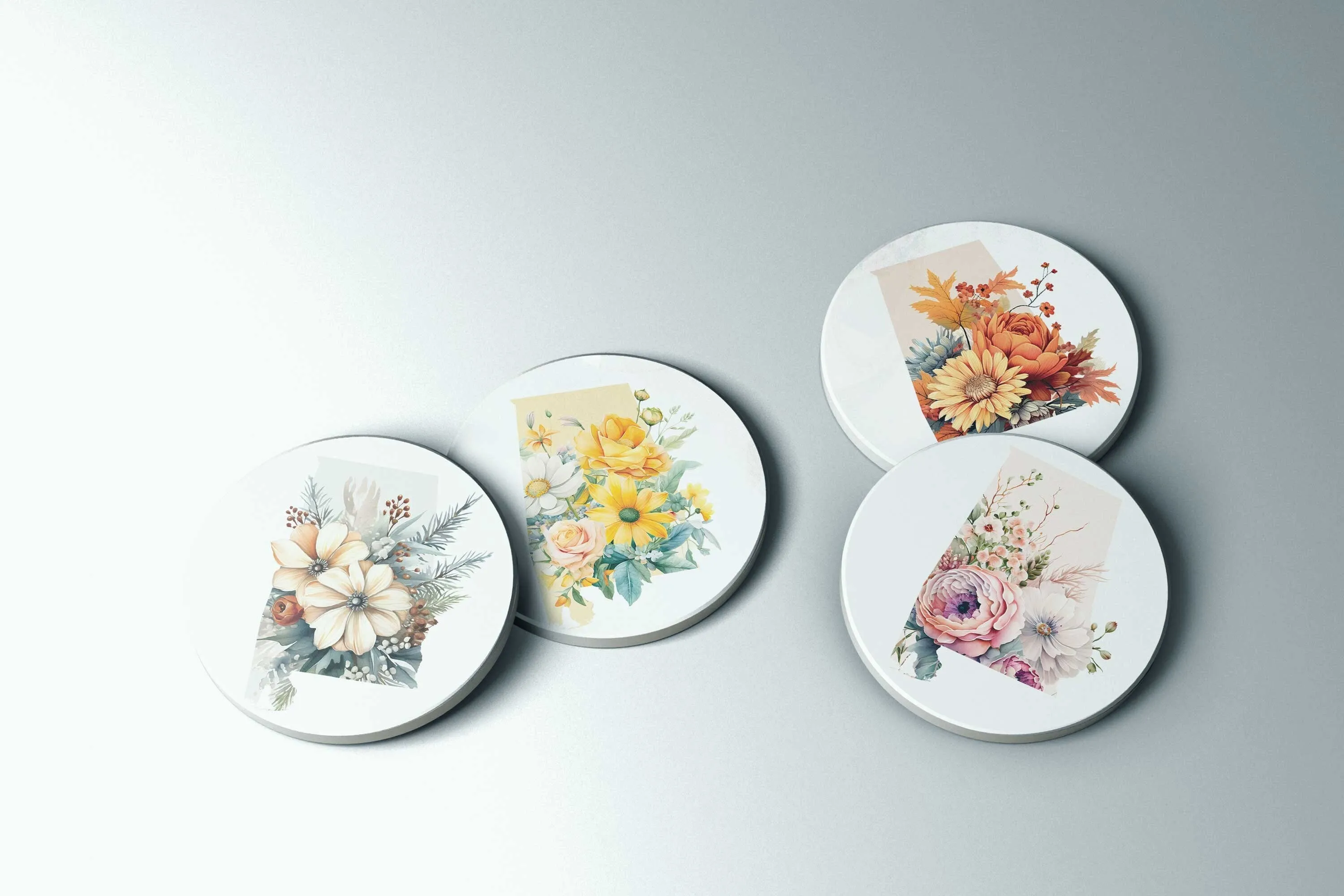 Flower Coasters Set - Set of 4 Alabama Coasters for Fall, Spring, Summer & Winter - Seasonal Floral Drinkware