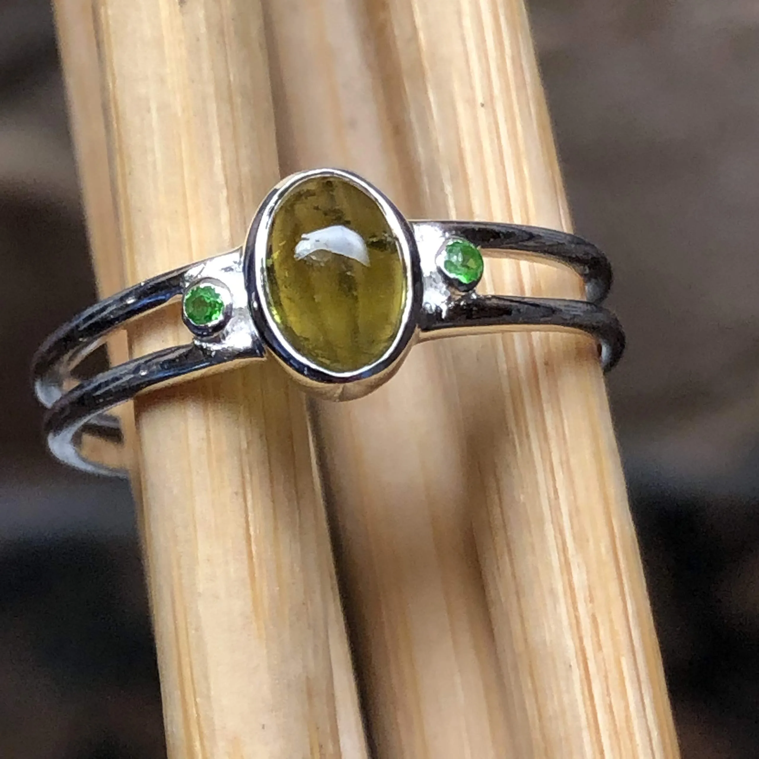 Genuine Green Tourmaline, Peridot 925 Solid Sterling Silver Engagement Ring Size 7, 8, 9