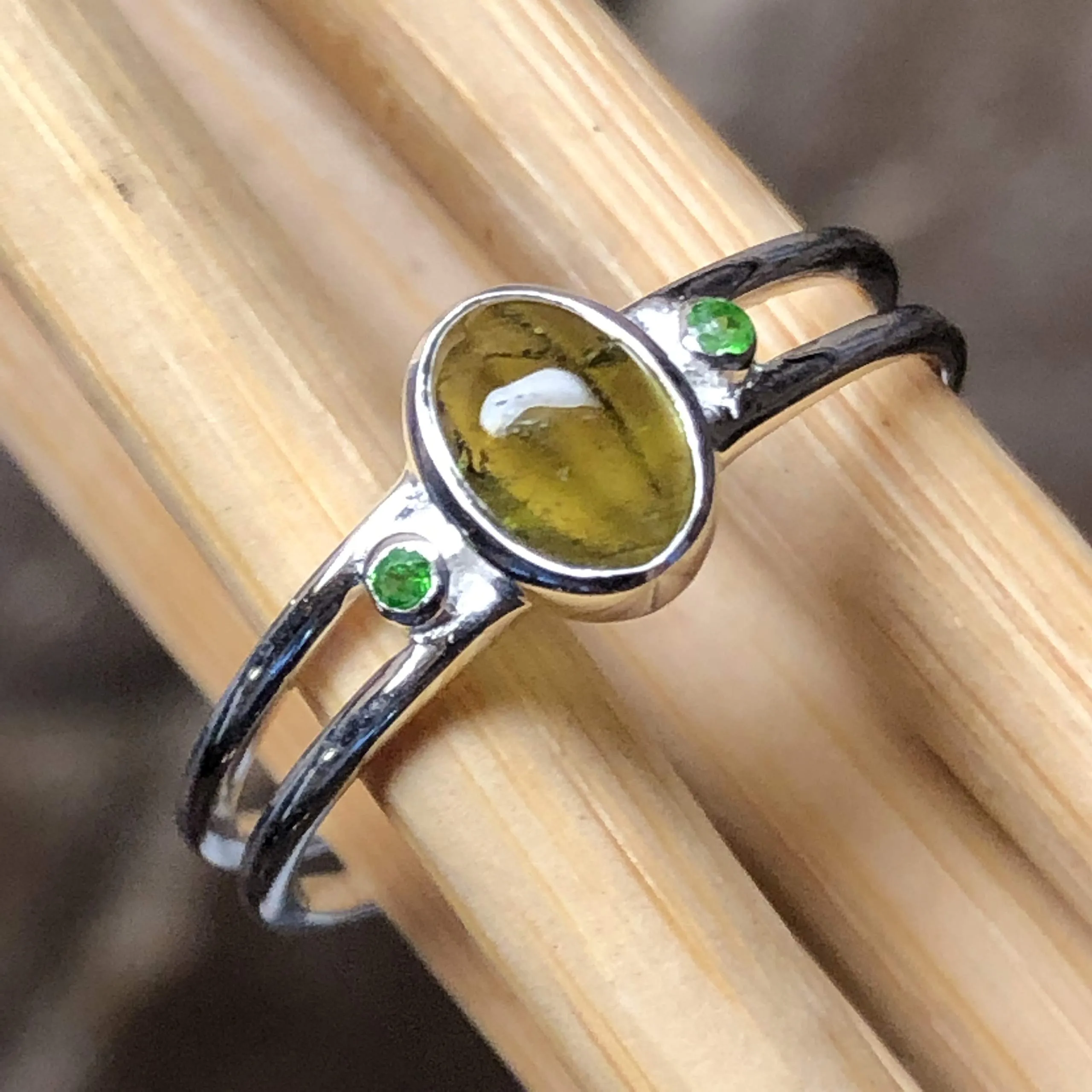 Genuine Green Tourmaline, Peridot 925 Solid Sterling Silver Engagement Ring Size 7, 8, 9