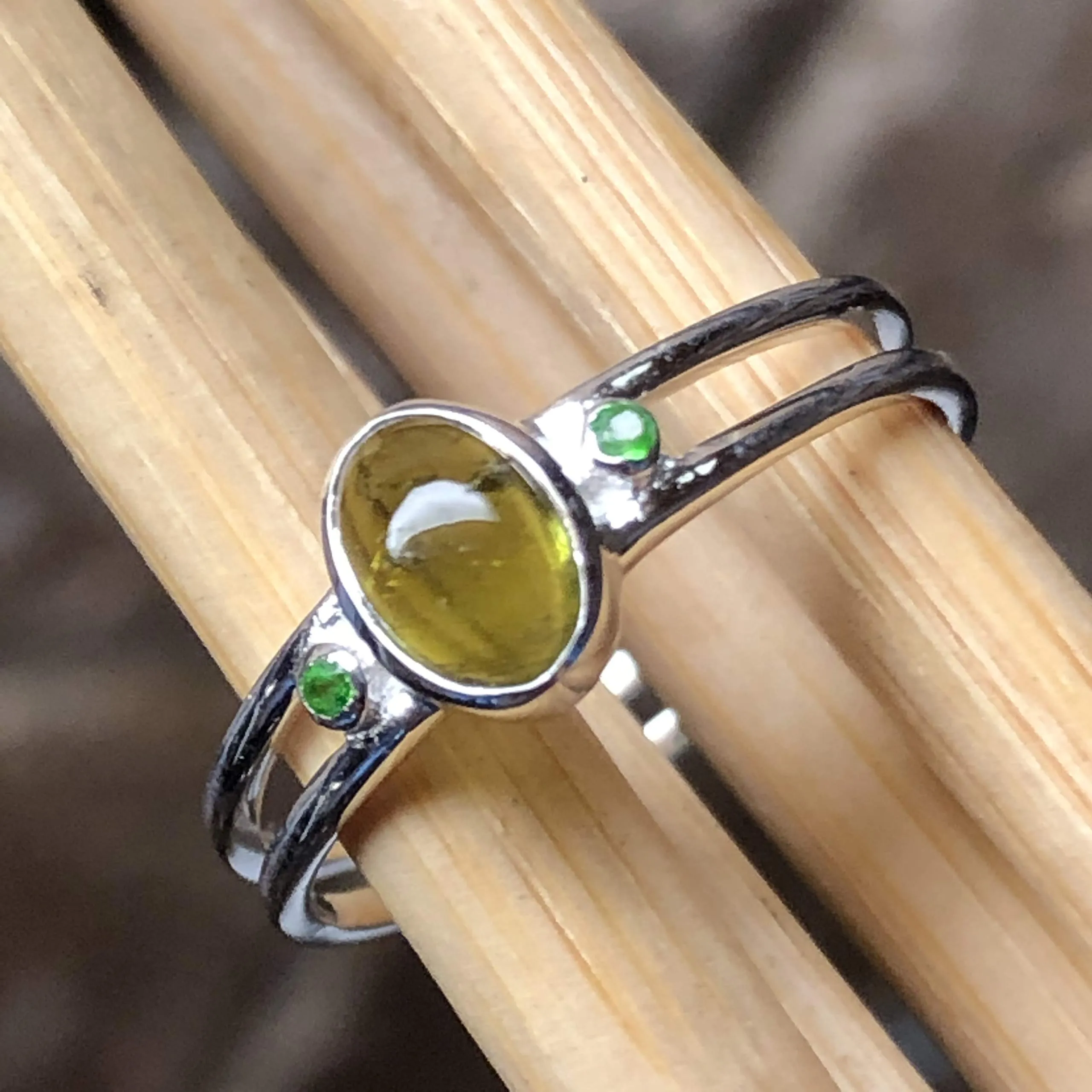 Genuine Green Tourmaline, Peridot 925 Solid Sterling Silver Engagement Ring Size 7, 8, 9