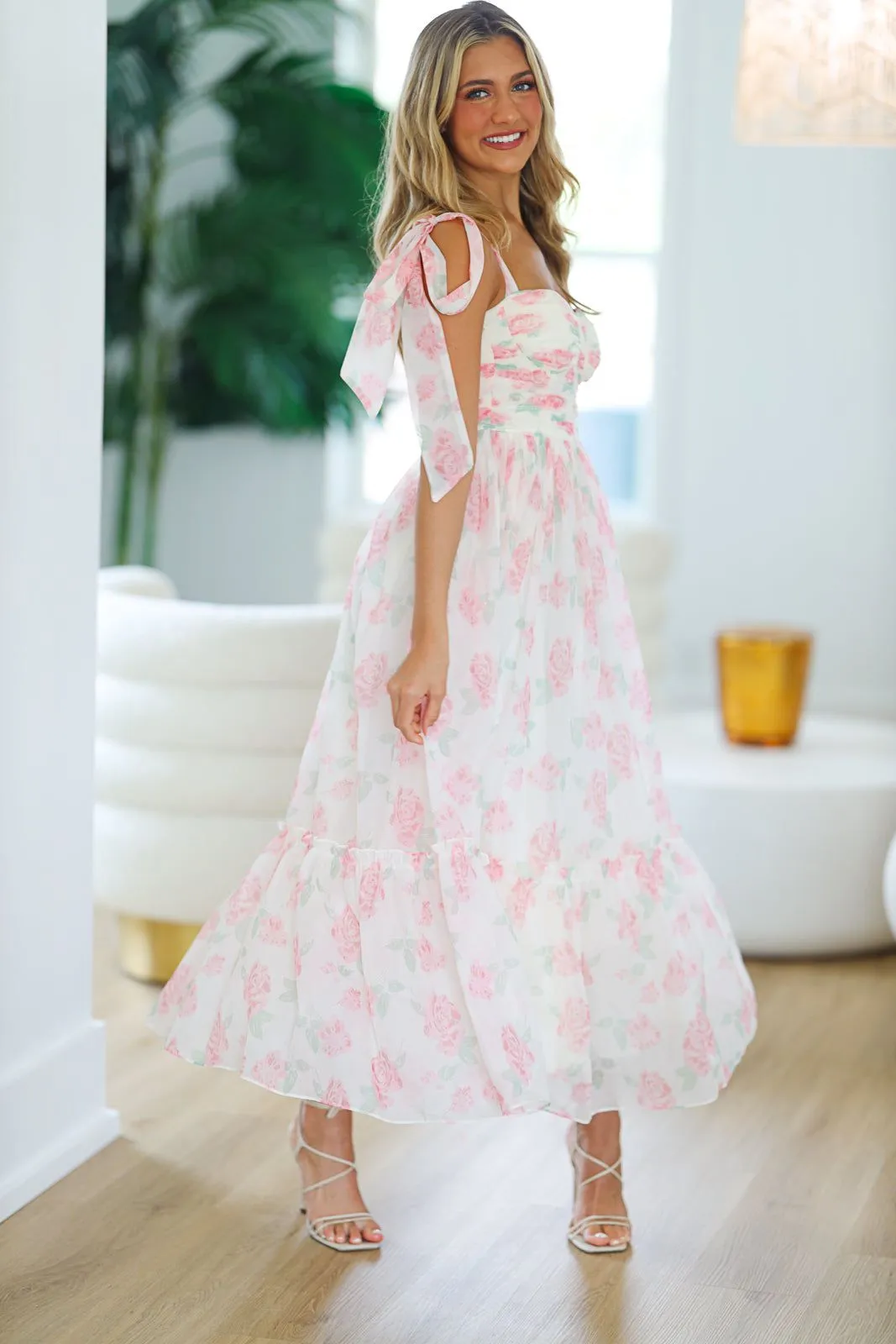 Girly and Chic Maxi Dress - Ivory and Pink