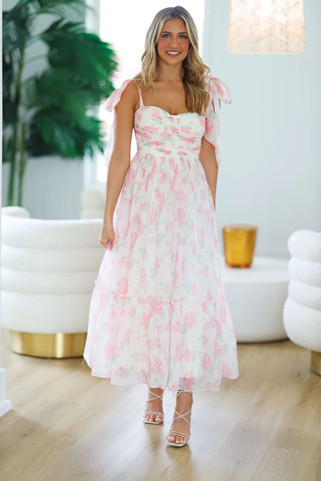 Girly and Chic Maxi Dress - Ivory and Pink