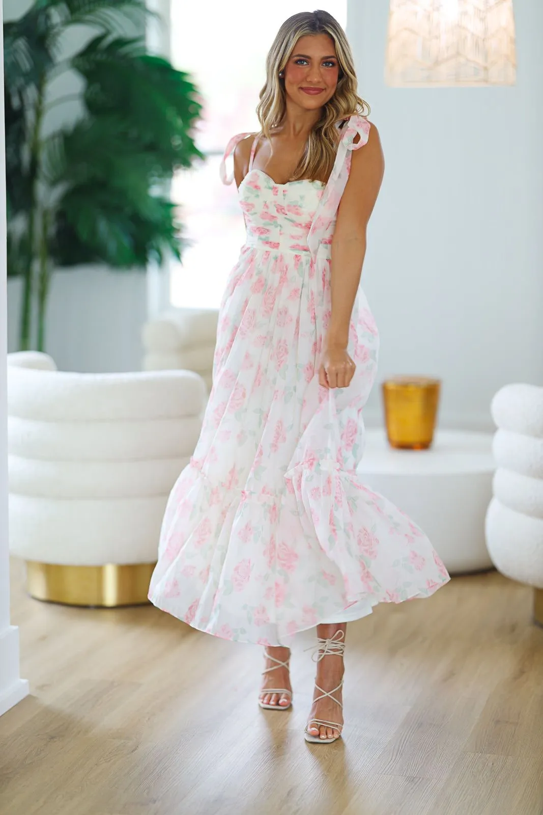 Girly and Chic Maxi Dress - Ivory and Pink