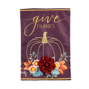 Give Thanks Floral Pumpkin Garden Burlap Flag,14b9403bl