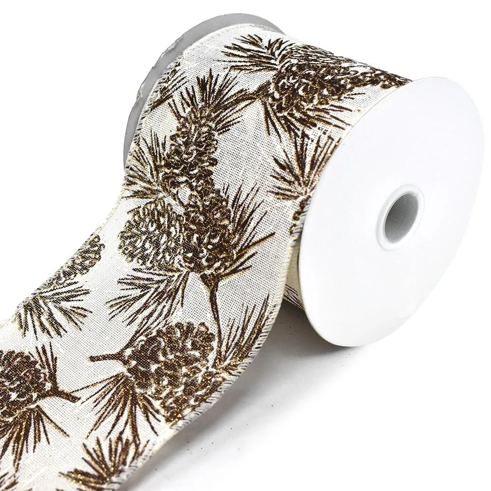 Glittered Pinecone Linen Wired Edge Christmas Ribbons, 10-yard