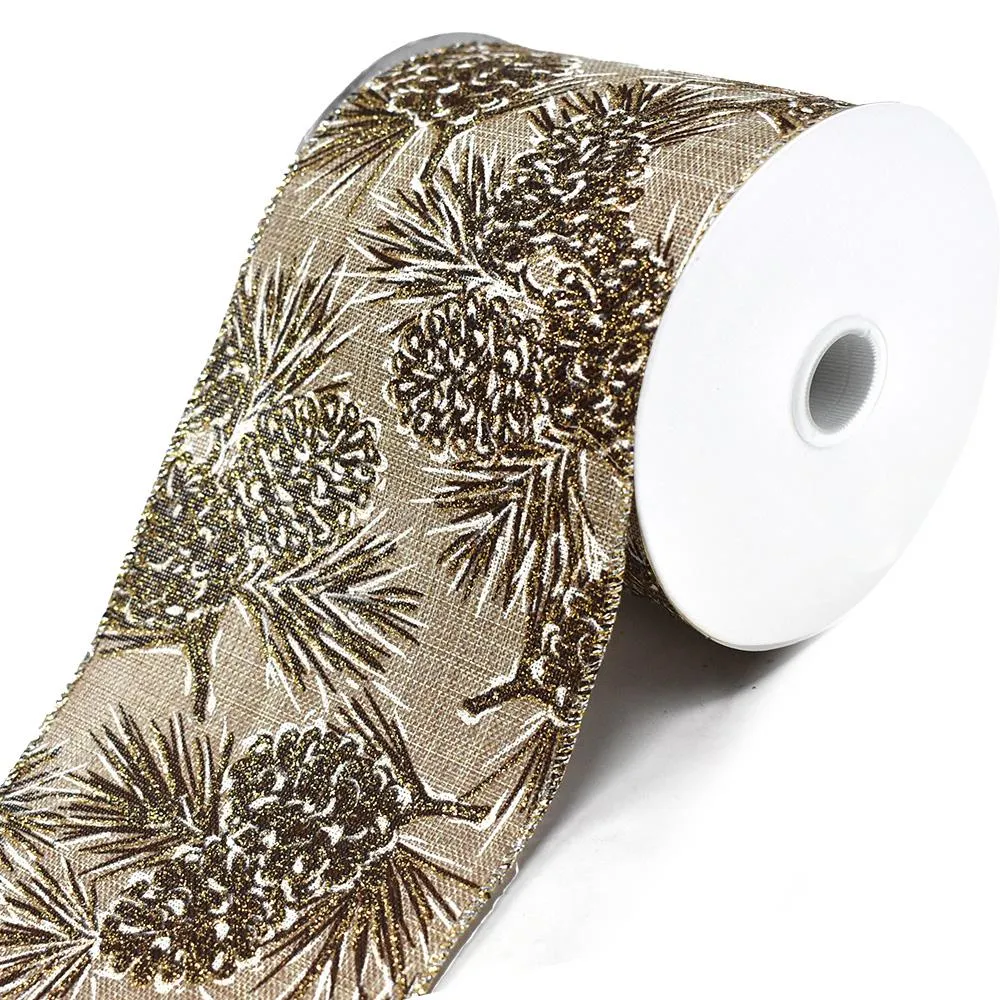 Glittered Pinecone Linen Wired Edge Christmas Ribbons, 10-yard