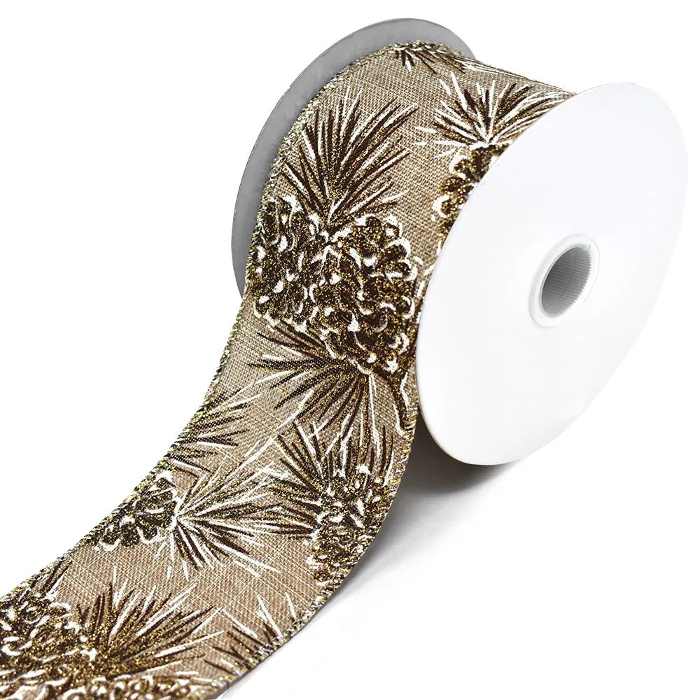 Glittered Pinecone Linen Wired Edge Christmas Ribbons, 10-yard
