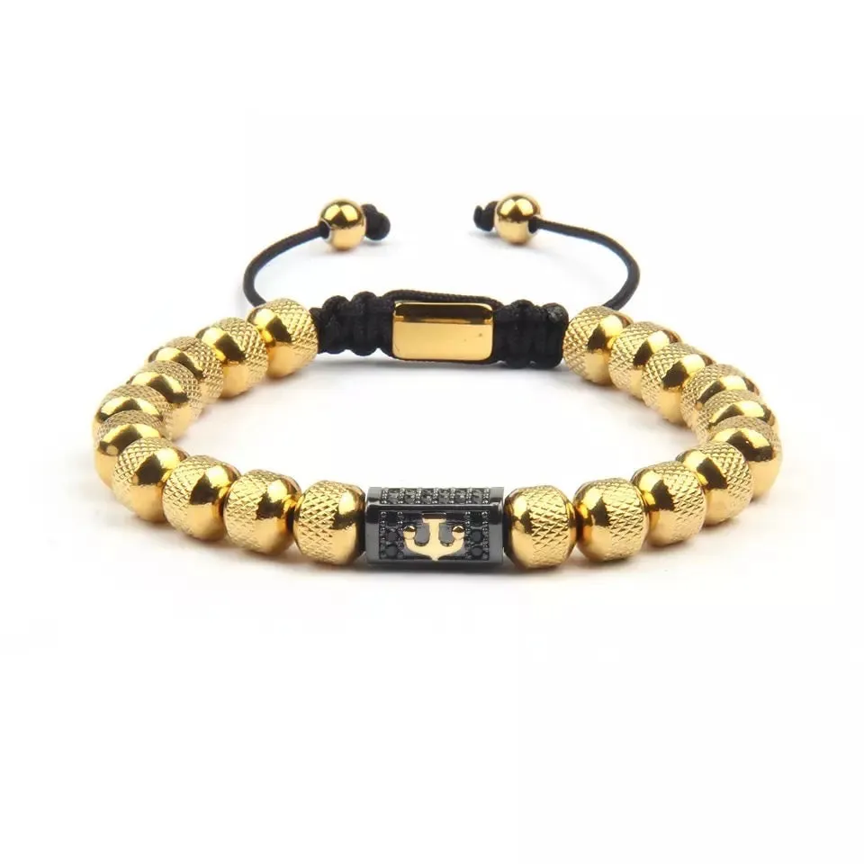Gold Beads & Black Crystals Anchor Charm Bracelet