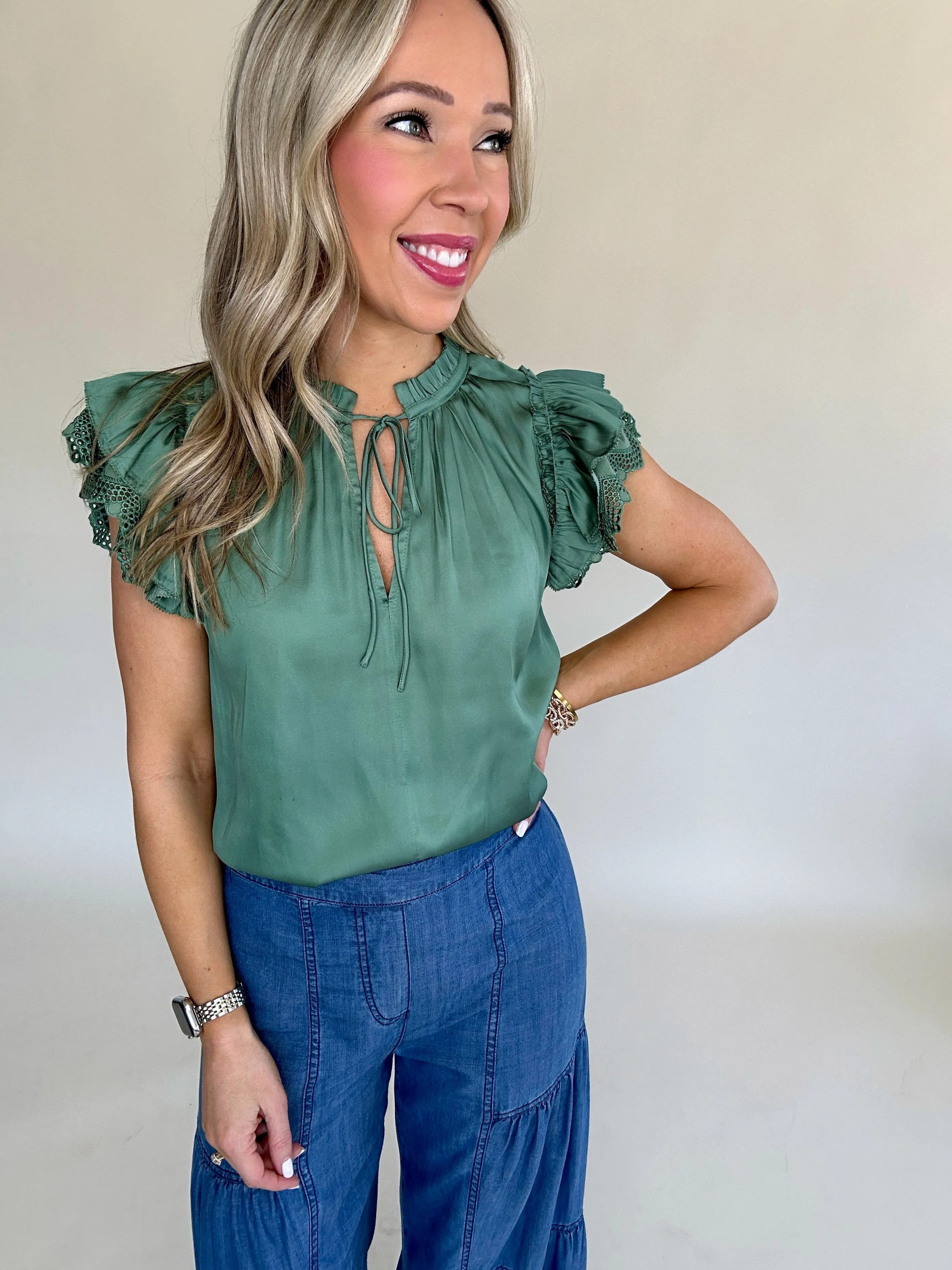 Hampton Social Flutter Sleeve Top - Sage Green