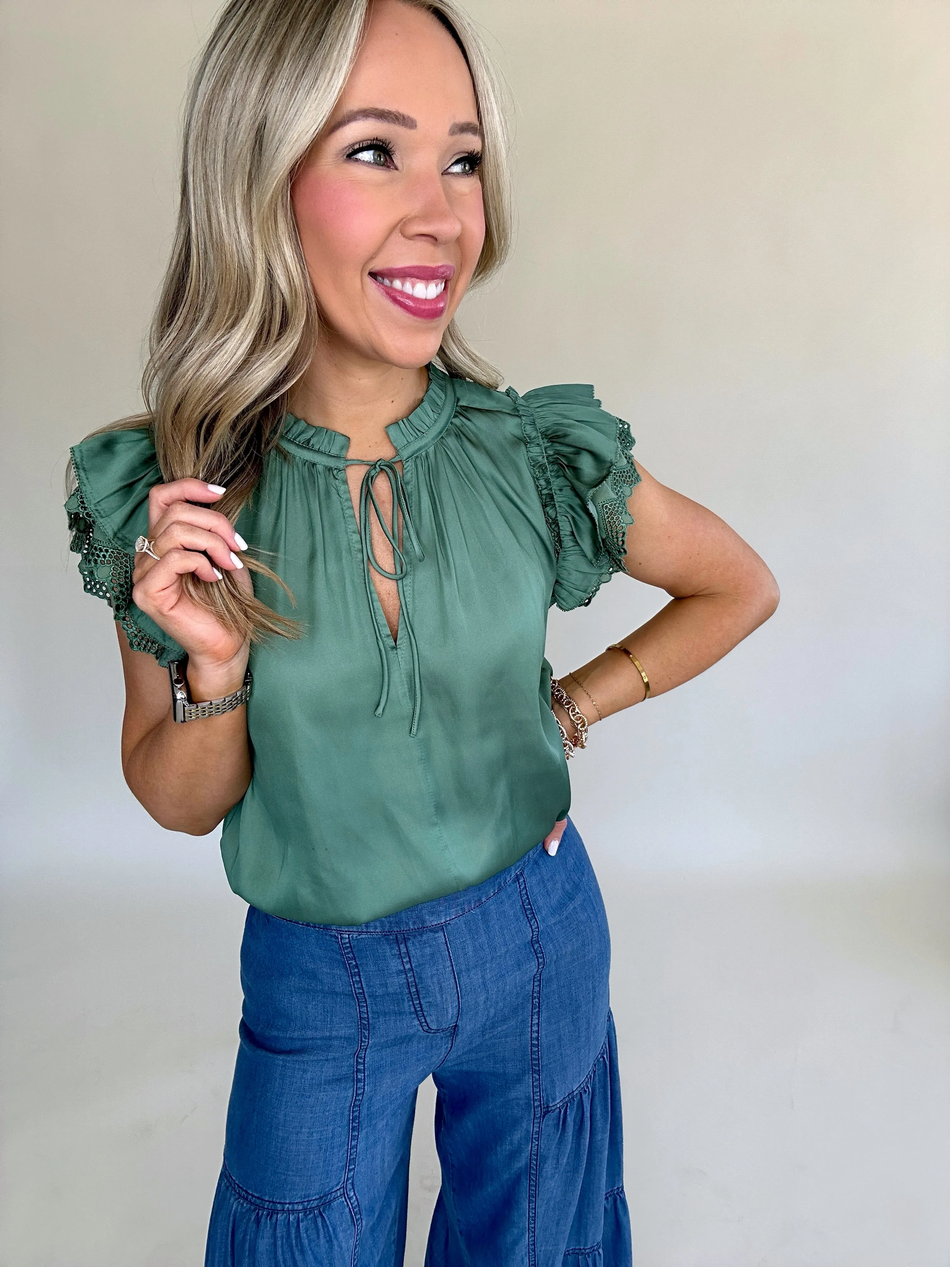 Hampton Social Flutter Sleeve Top - Sage Green