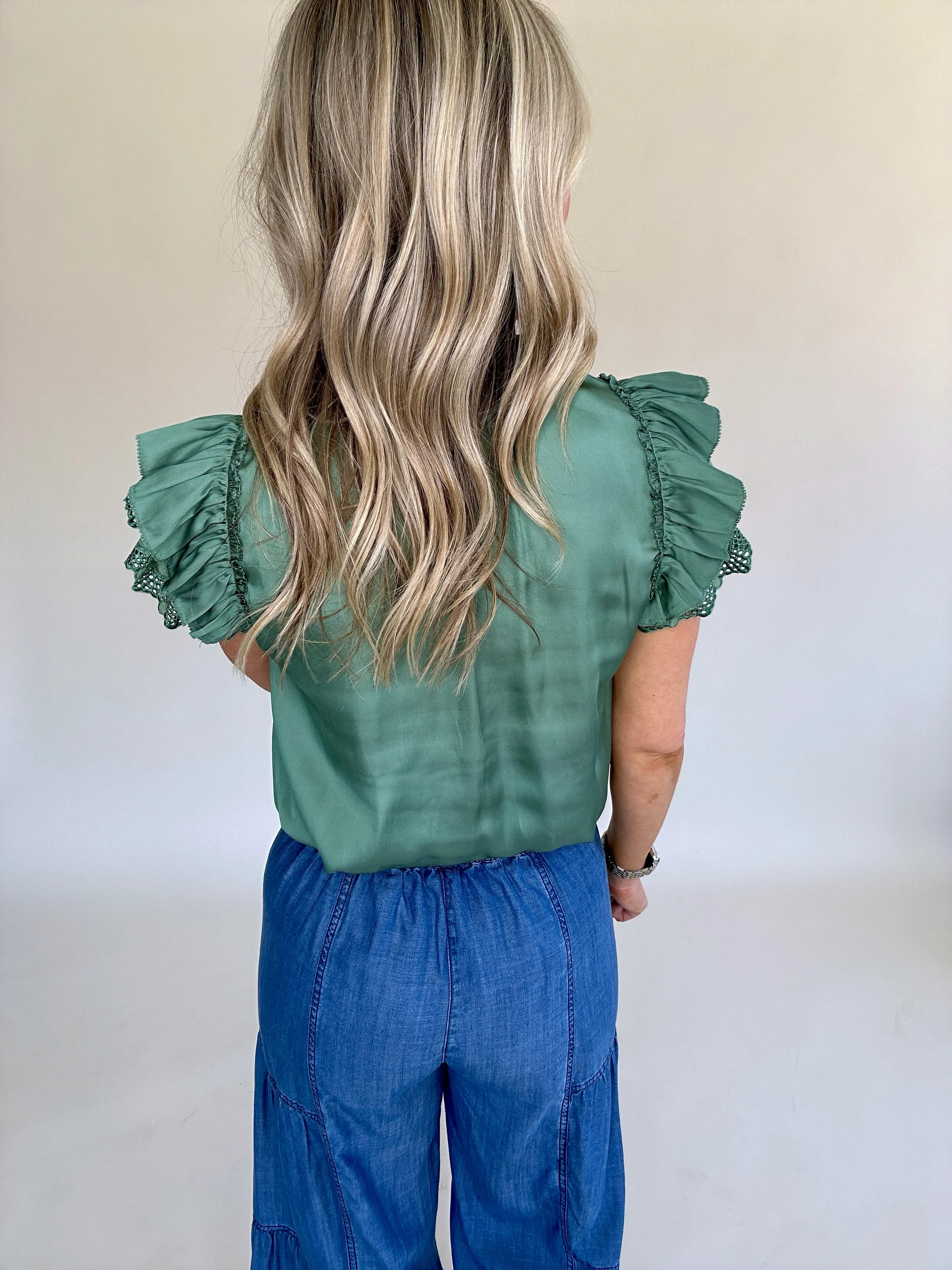 Hampton Social Flutter Sleeve Top - Sage Green