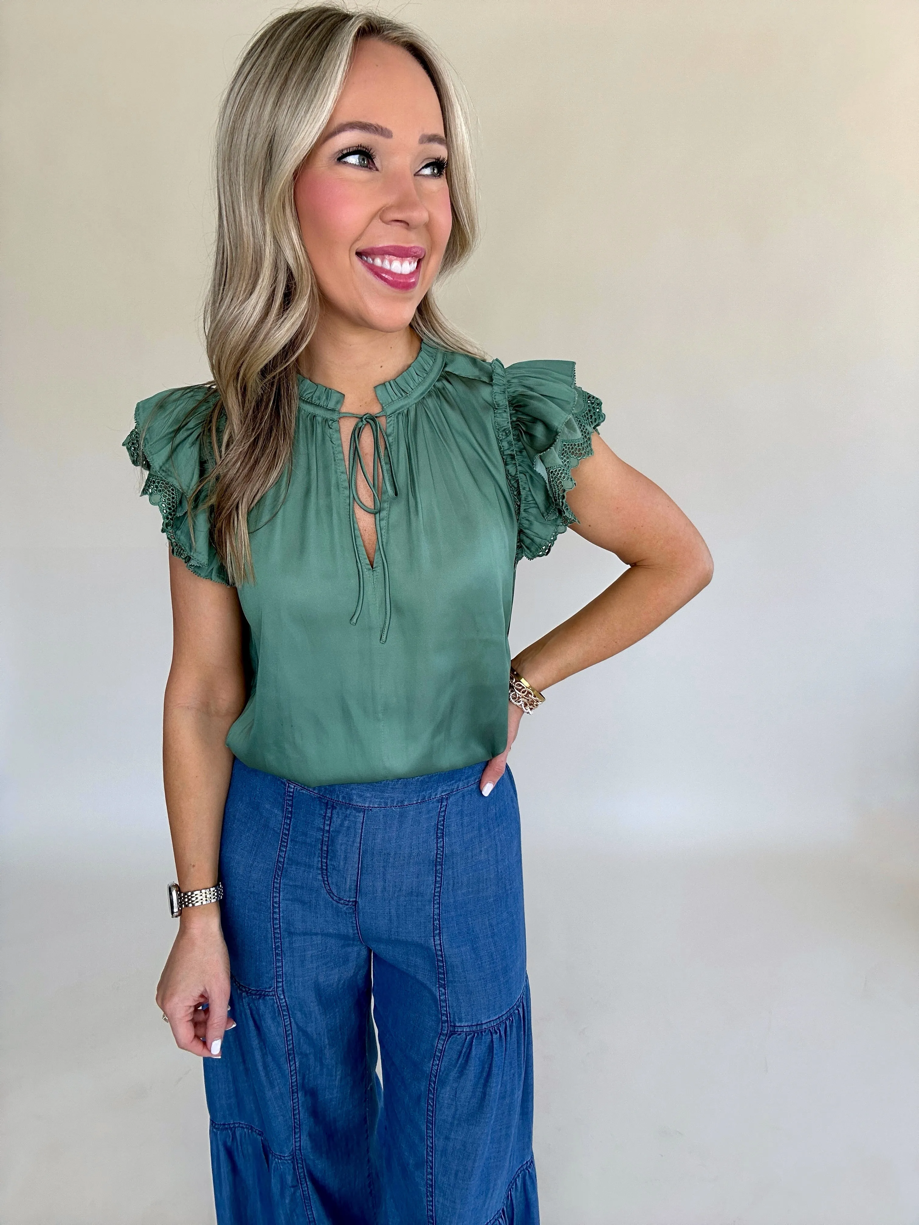 Hampton Social Flutter Sleeve Top - Sage Green