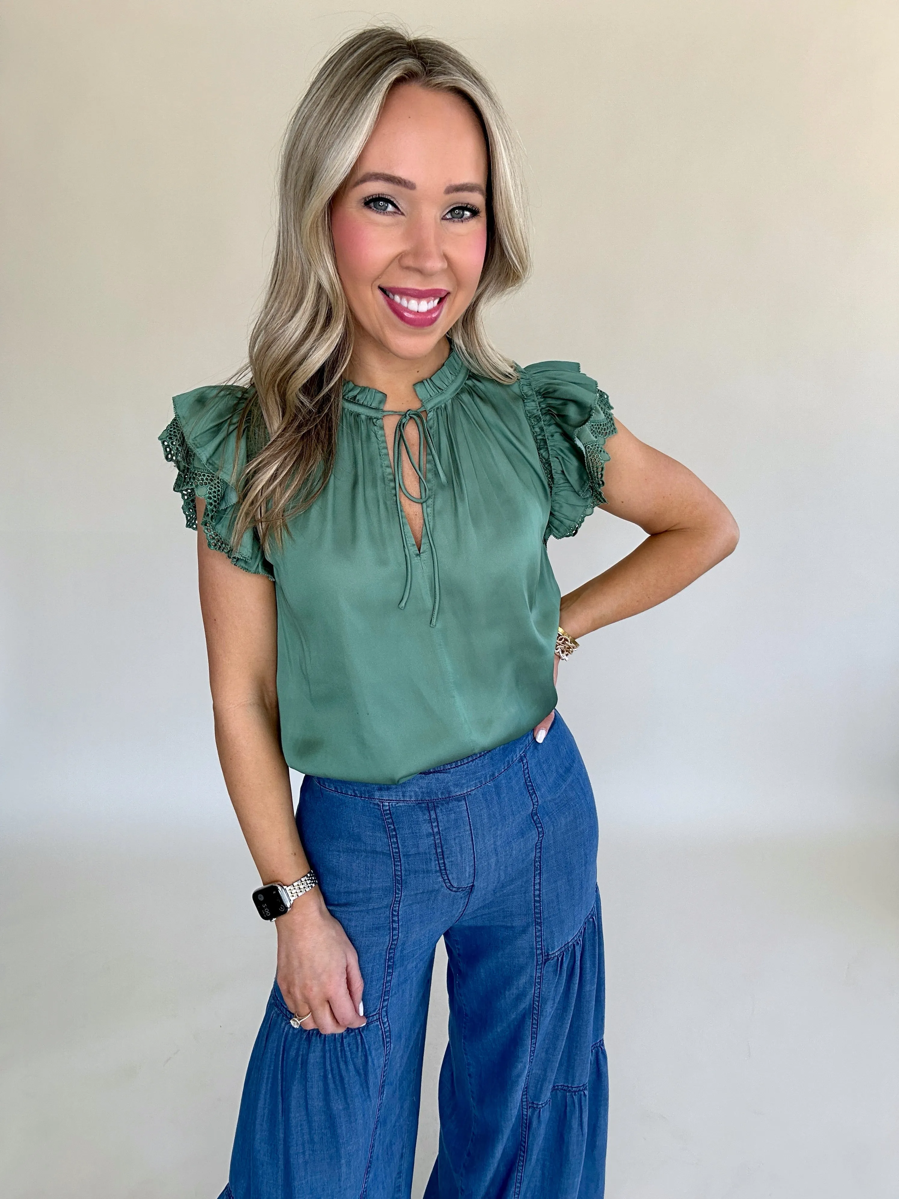 Hampton Social Flutter Sleeve Top - Sage Green