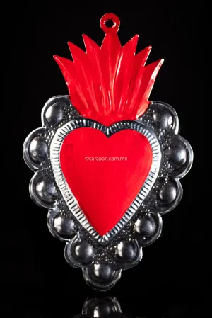 Hand Chiseled Mexican Tin Heart with flame