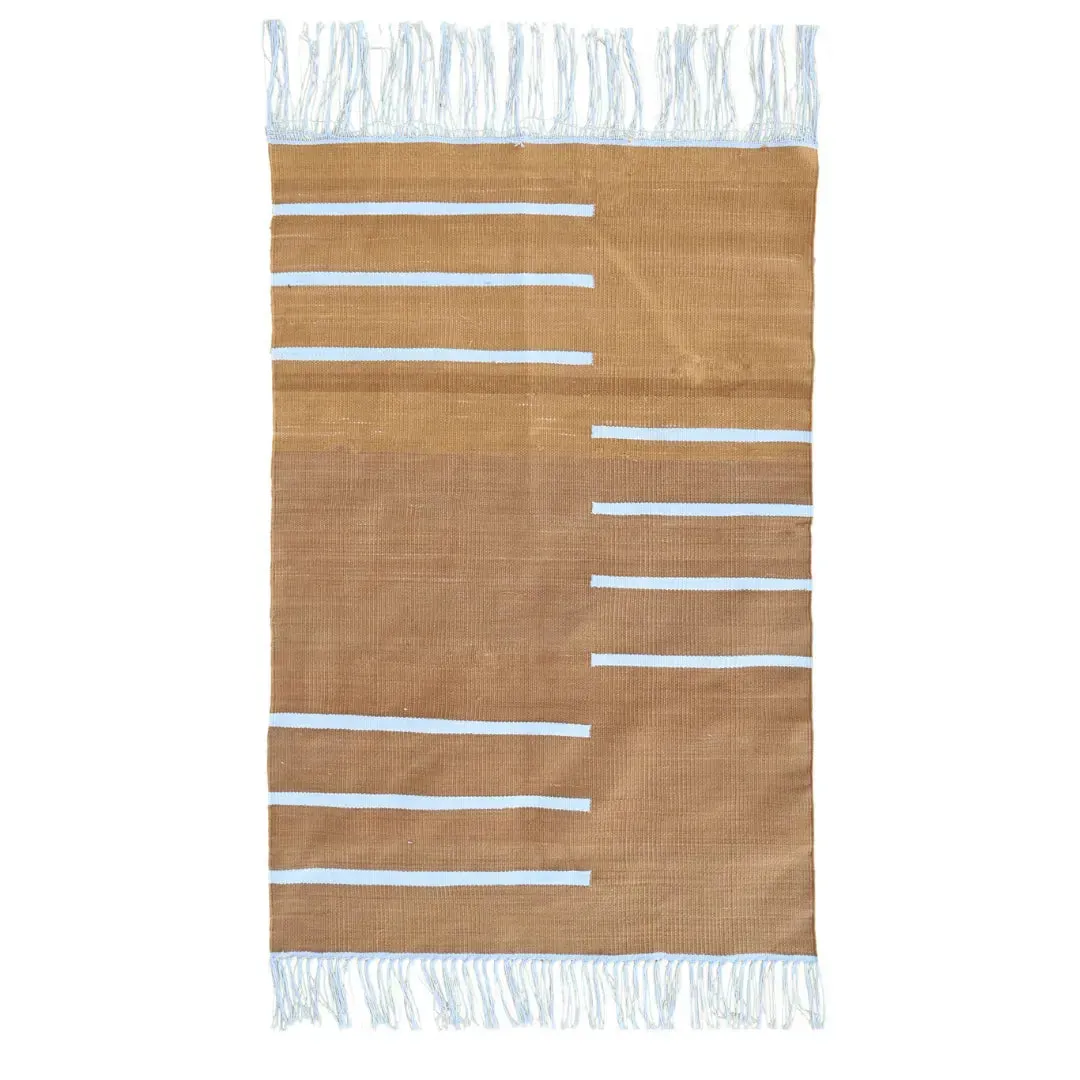 Handwoven Turmeric and White Minimalistic Cotton Rug with Fringes