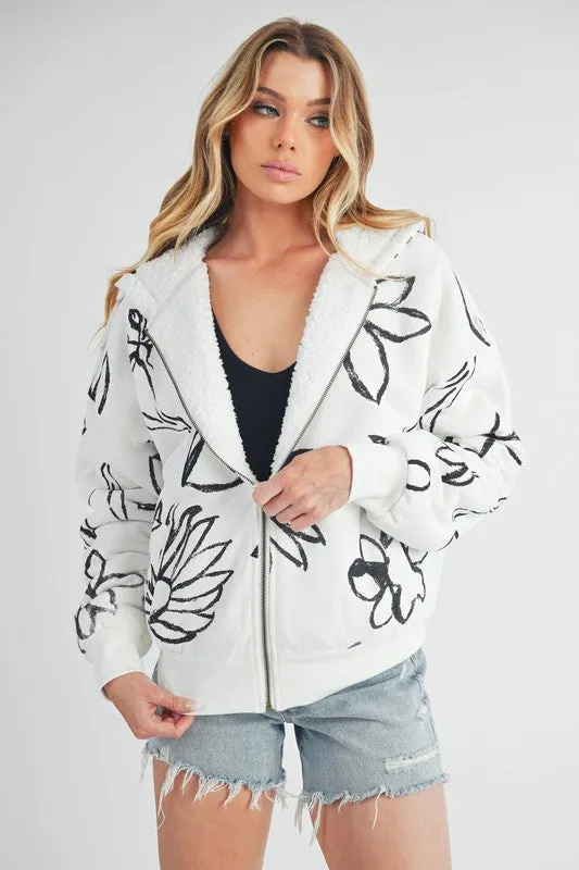 Hazel Blues® |  Aemi   Co Flower Print Zip Up Sherpa Hoodie